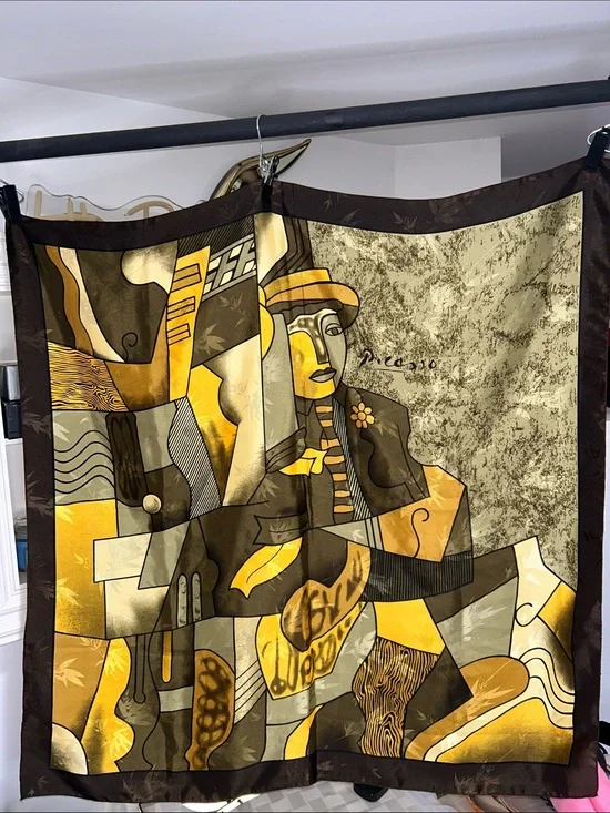 Yellow Brown Abstract Cubist Faux Silk Scarf
