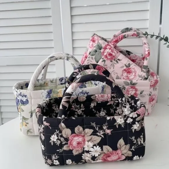 Vintage Floral Quilted Storage Basket Fabric Organizer Bin with Handles