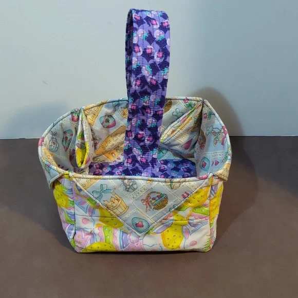 Spring Basket Fabric Handled Handmade Theme of Bunnies Hearts Color Eggs