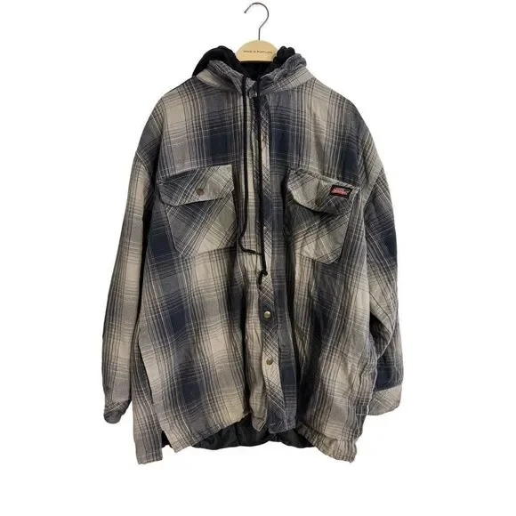 Dickies Relaxed Fit Flannel Hooded Shirt Jacket Black Gray Plaid Pattern 2XL