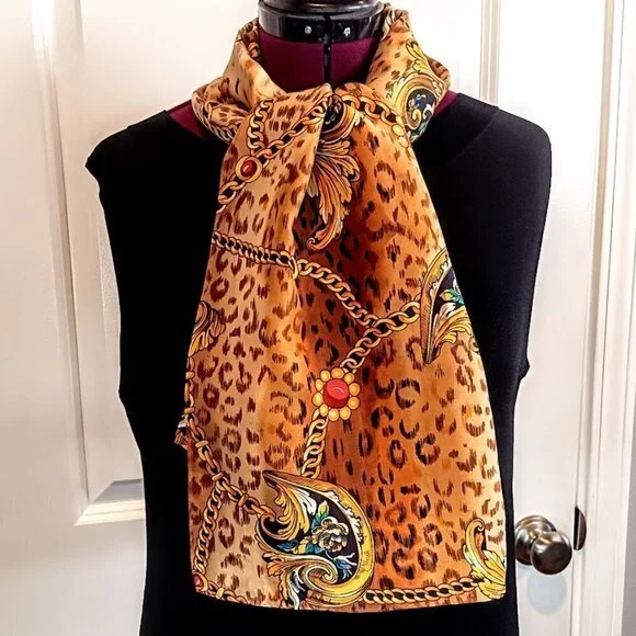 Vintage Gold Chain Print Pure Silk Oblong Scarf