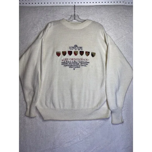Vintage Structure Mens XL Cream Knit Sweater Heraldic Crest Embroidered Cotton