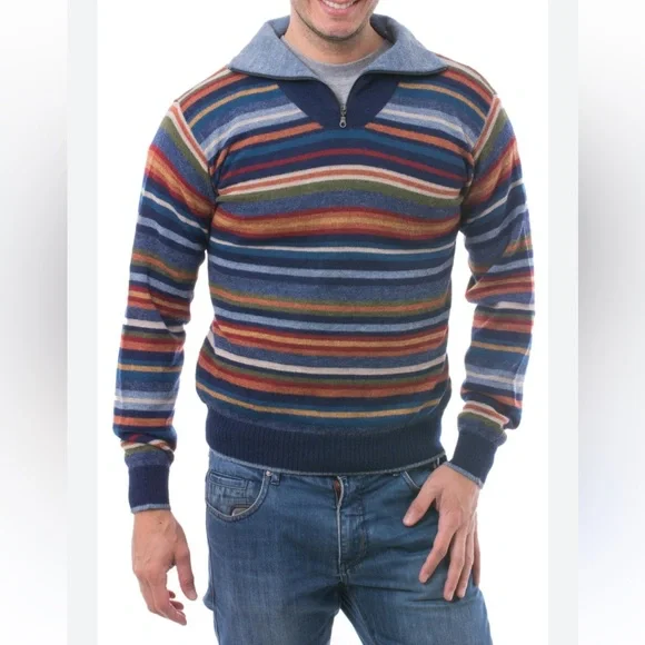 Novica Steel Blue Heights 100% Alpaca 1/4 Zip Pullover Turtleneck Sweater Sz Med