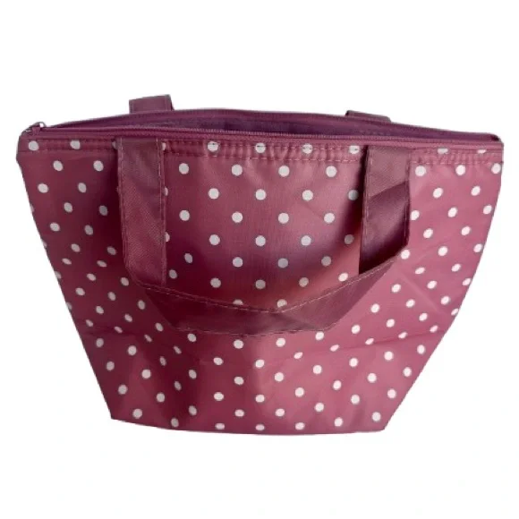 Daiso Jual Insulated Lunch Cooler Warmer Storage Tote Bag Polka Dots Pink White