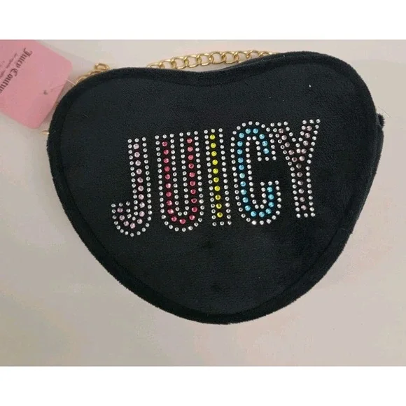 NEW! JUICY COUTURE Kids Faux Fur‎ Heart Shoulder Bag Black Colorful Rhinestones