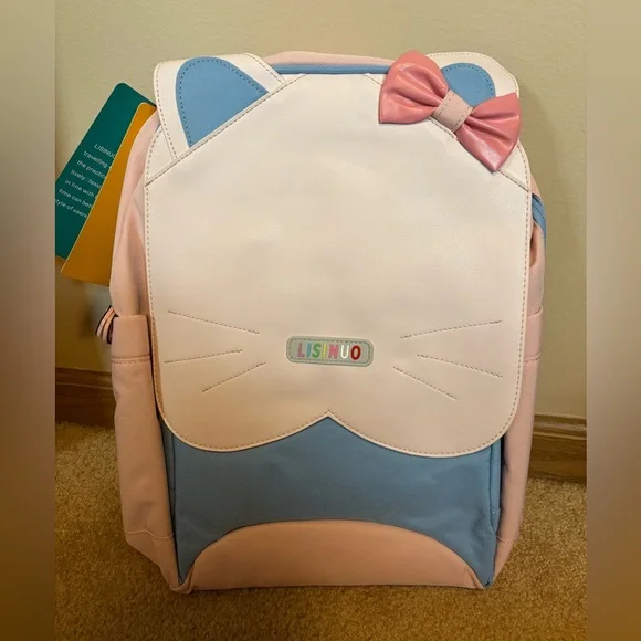 Lisinuo Cat Pink Blue Kitty Bow Backpack Bookbag Travel Carry On Bag