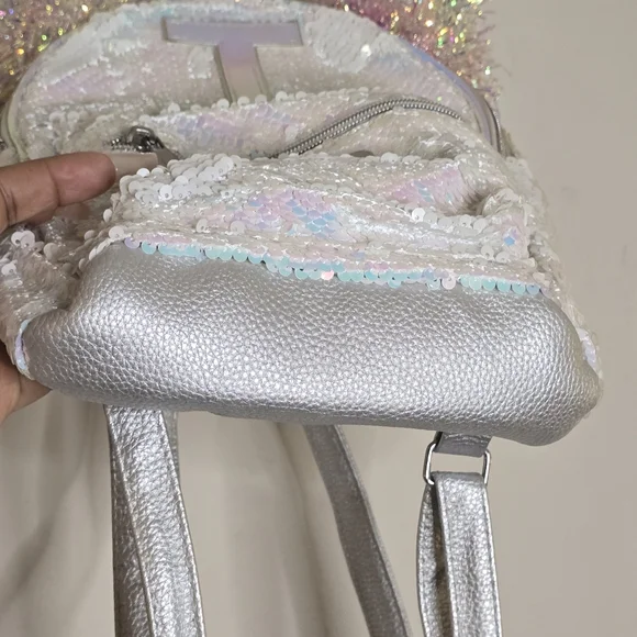 Justice Girls Silver Flip Sequin Pompom Mini Backpack T Initial Sparkle Shiny