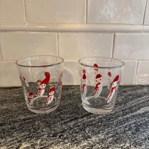 Set of 2 Crate & Barrel Hand-Blown Snowman Rocks Glasses