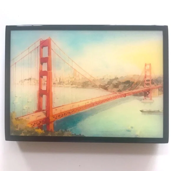 Golden Gate Bridge Watercolor Scene Jewelry Storage Box Black Lacquer Gloss NWT