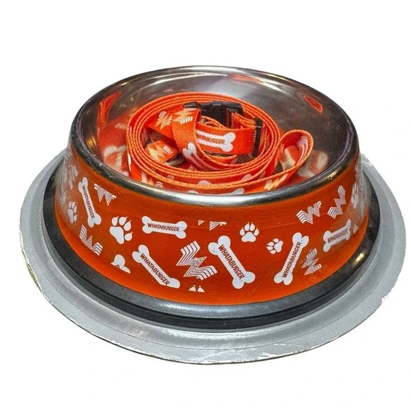 Whataburger Pet Set Collar Leash Bowls Small Medium Dog Orange