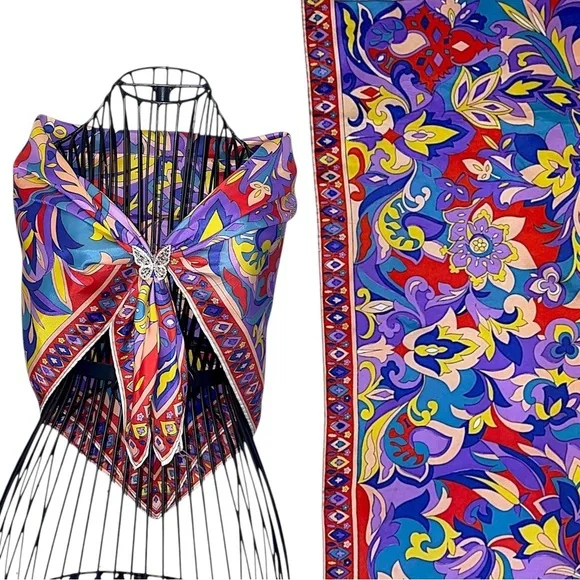 Vintage Vibrant Multicolor Floral Silk Square Scarf