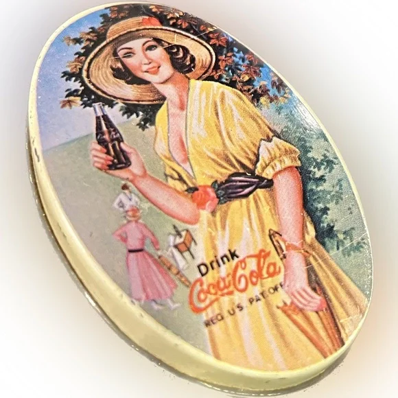Vintage Coca Cola Lady In Dress & Hat Floral Umbrella Pill Tin Case Rare Unique