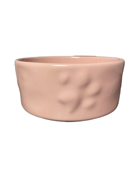 Glazed Ceramic Dog Bowl in Blush Pink with Embossed Paw Print Designs