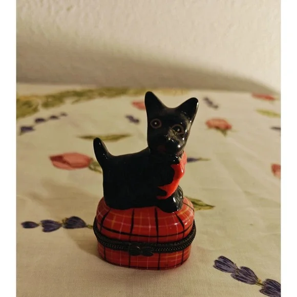 Vintage Black Scottie Dog Sitting on Red Tartan Trinket Box