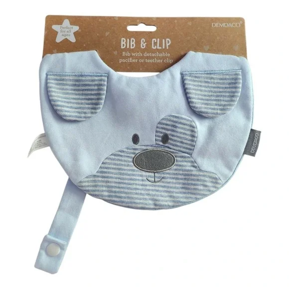 NWT Demdaco Puppy Bib Blue Soft Detachable Pacifier Or Teether Clip Baby Toddler