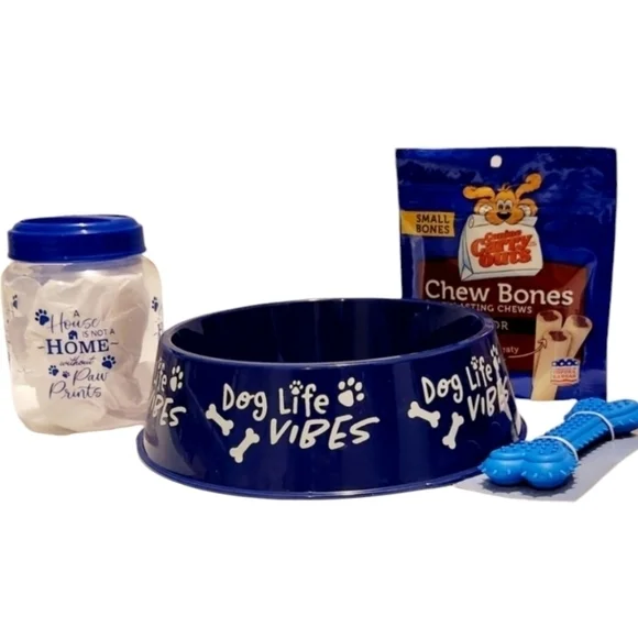 Dog Essentials‎ Two Food Bowls Treat Container Dental Bone Toy and Chew Bones
