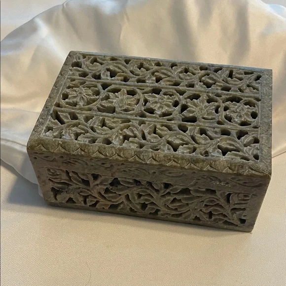 Intricately Carved natural soap Stone Box hand carved by Indian artisans