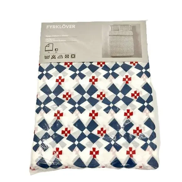 Ikea Sweden Bed Cover Queen/Full Size Cover 2 Pillow Cases Windmills Red Blue