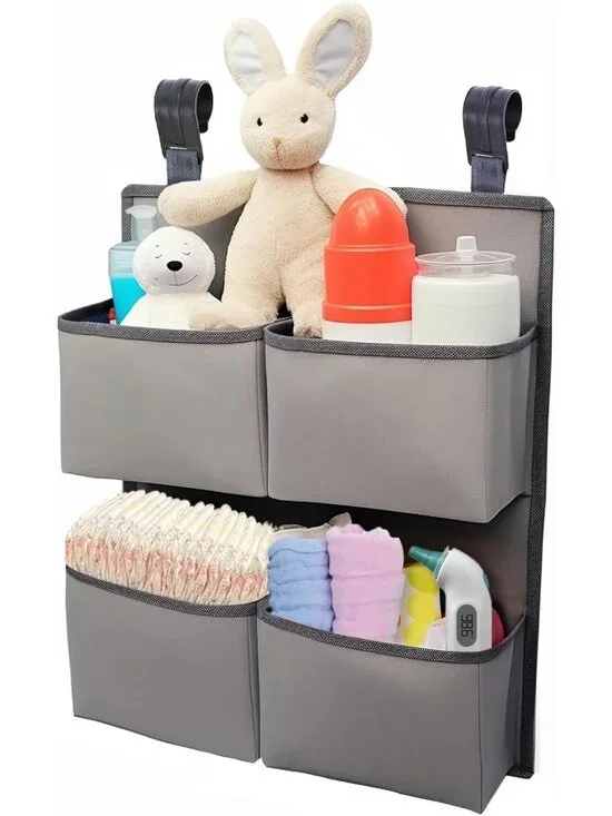 Hanging Diaper Organizer for Nursery - Holds 80+ Diapers, 4 Deep Pockets, Gray