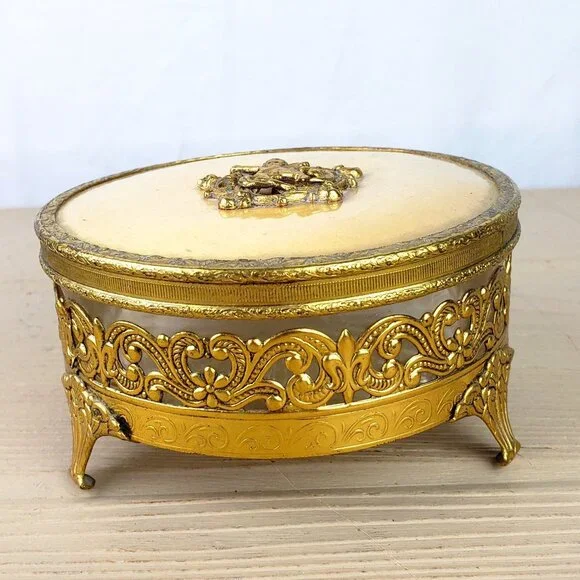 Vtg Gold Glass Trinket Holder