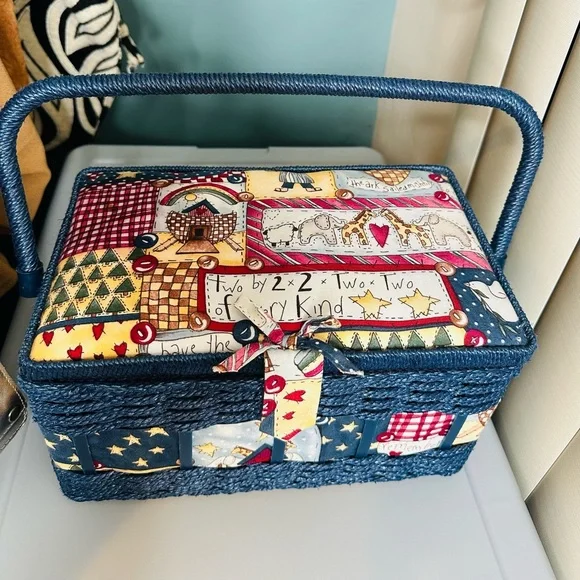 Blue Wicker Vintage Sewing Basket Noah’s Arc Fabric Lid Patchwork Design