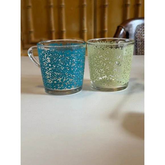 IKEA‎ Floral Glass Mugs Set of 2 Blue Green Daisy Pattern Made in France 18314