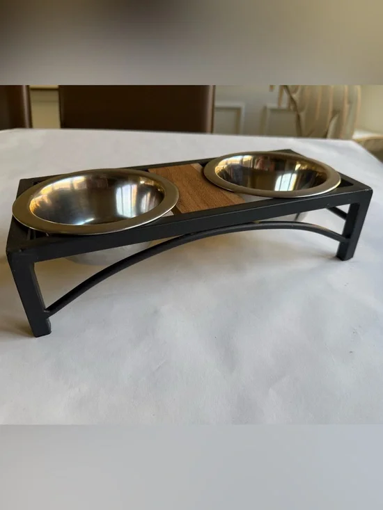 Elevated Black Double Pet Feeder with Stainless Steel Bowls Small