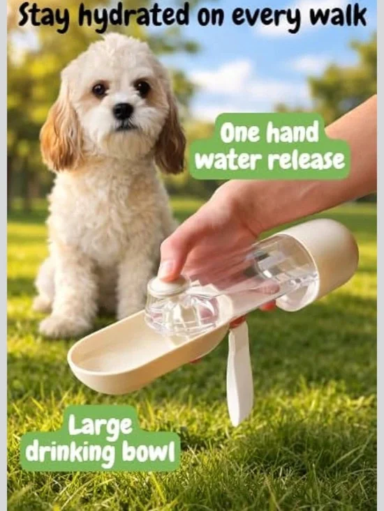 Portable Cream Dog Water Bottle with Built-In Bowl