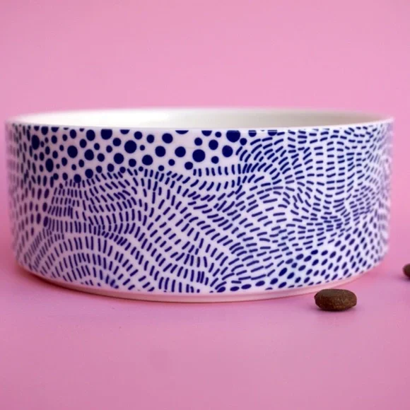 Modern Ceramic Dog Bowl in Blue Dot Pattern