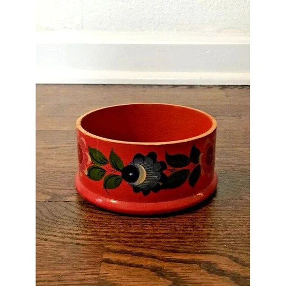 vtg 70s‎ boho wooden jewelry bowl hand painted orange floral home decor gift