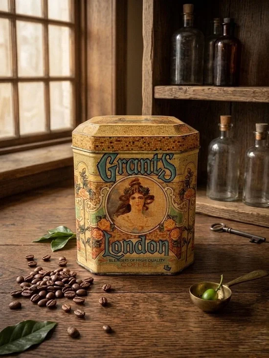VTG Grant’s London Octagonal Coffee Tin 1950s English Litho Retro Kitchenalia