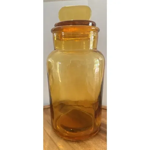 VTG LARGE 8.5” Amber Brown Glass Apothecary Pharmacist Medicine Jar Bottle w/Lid