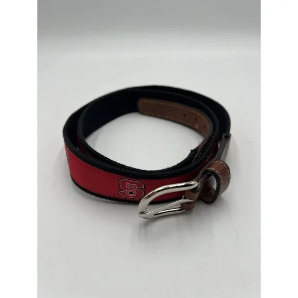 NC State Wolfpack Belt Sz 42 Red Ribbon Leather Tab NCAA Preppy