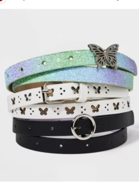 Cat & Jack 3 Belts Set Butterfly Glitter White Cutout & Black Ring Belt Size XL