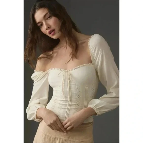 Reformation Isadora Long Sleeve Corset Cotton Top Cream 2