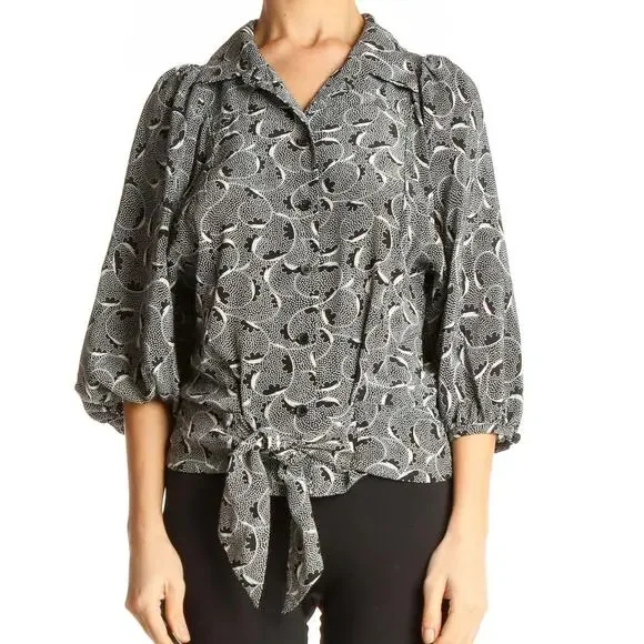 Maple Anthropologie 100% Silk Black White Print Tie Front Relaxed Fit Blouse