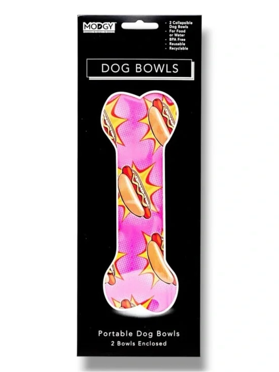 2-Pack Modgy Expandable Dog Bowls Set - Hot Dogs Design - NWT