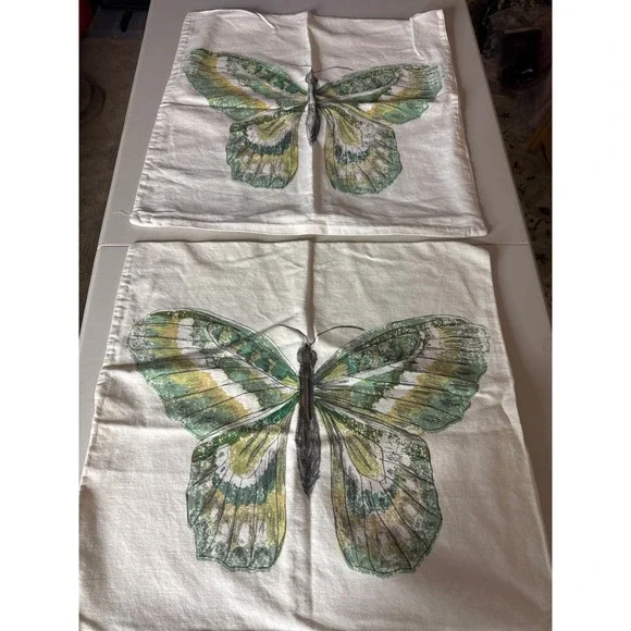 IKEA ROTFJARIL Butterfly Cushion Covers Set of 2 Green Cream 20x20 Ramie Cotton