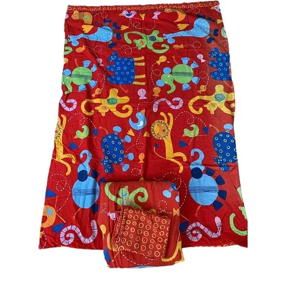Ikea red duvet curtain‎ drape set zoo animals lion monkey cotton reversible kids