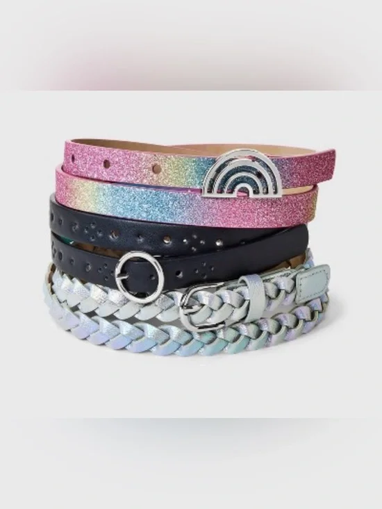 Set of 5 Girls' Glitter & Braided Belts - Pink Rainbow, Black, Iridescent New