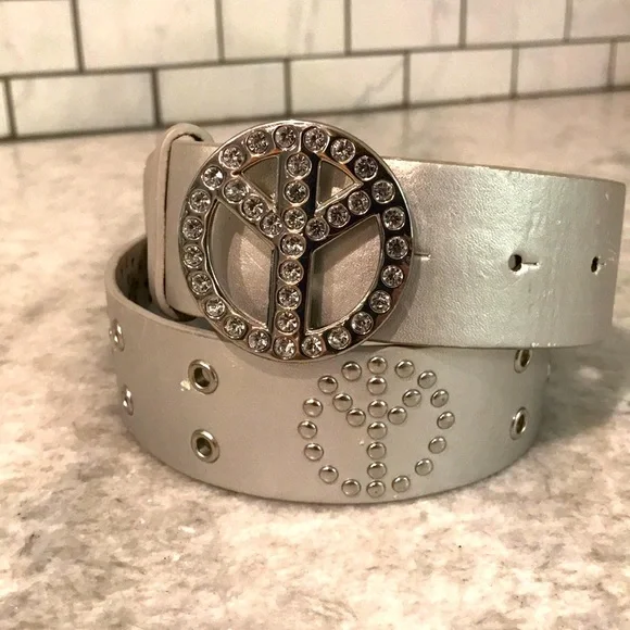 Justice Belt Girls Size 29 Silver Rhinestone Peace Sign Hippie Boho Bohemian