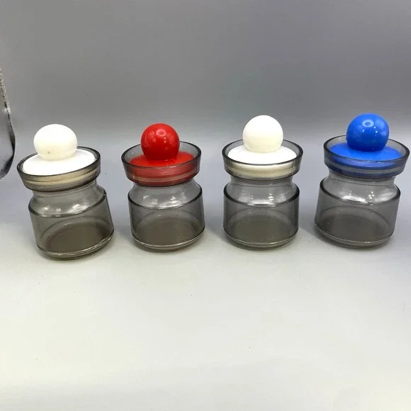 Vtg 4 MCM Storage Jars Desk Organization Red Blue White Ball Lids Retro‎ *Read