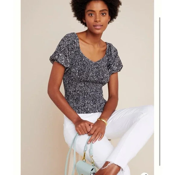 Anthropologie Aurelia Smocked Top Black &‎ White Floral S Puff Sleeve