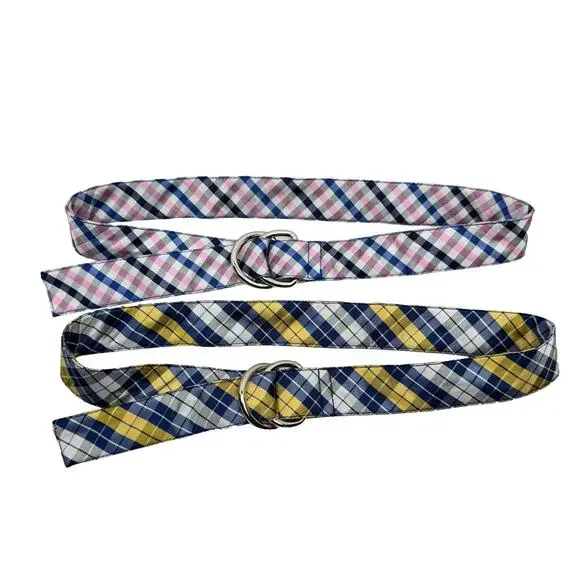 Class Club Boys Youth Yellow Pink Blue Plaid Adjustable Ring 2 Belt Bundle