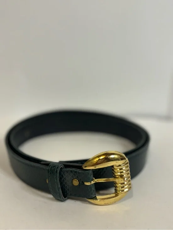 Dark Green Leather Belt with Gold Buckle