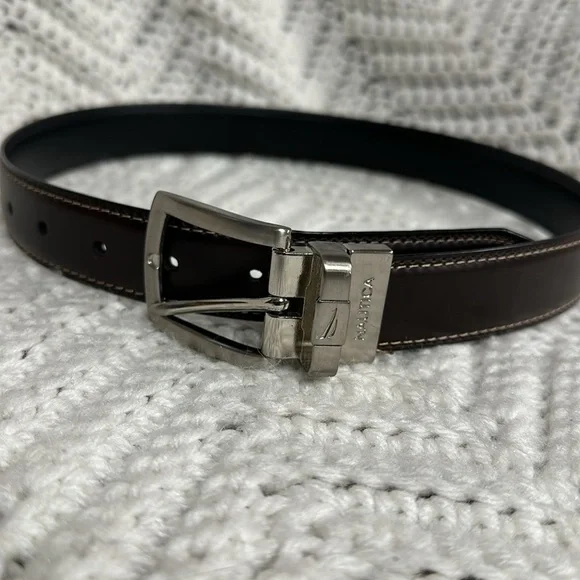 Nautica dark brown faux leather metal buckle belt. 31 inches