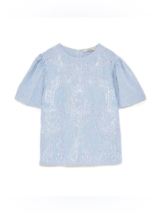 ZARA Striped Blue Blouse With Lace Floral Cutout Detail And Puff Sleeves