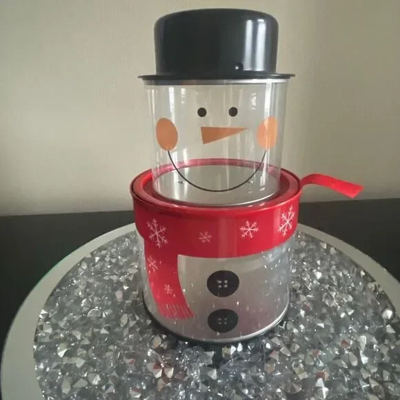 Vintage transparent clear Whimsical 3 Stackable Holiday Snowman Tin by Crofton