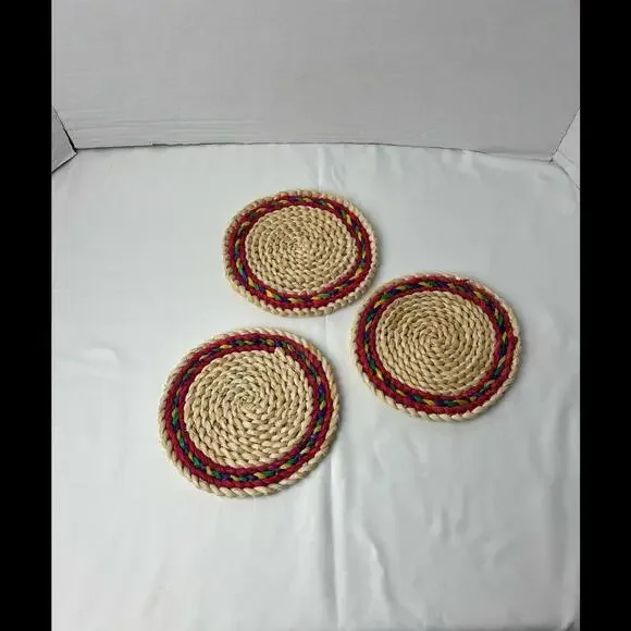 Vintage Lot Of 3‎ Woven Rattan Wicker Round Circle Hot Pads