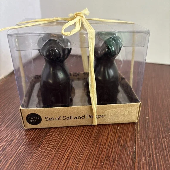 Hazel & Co Set Of 2 Ceramic Black Dogs Salt & Pepper Shakers New in Box